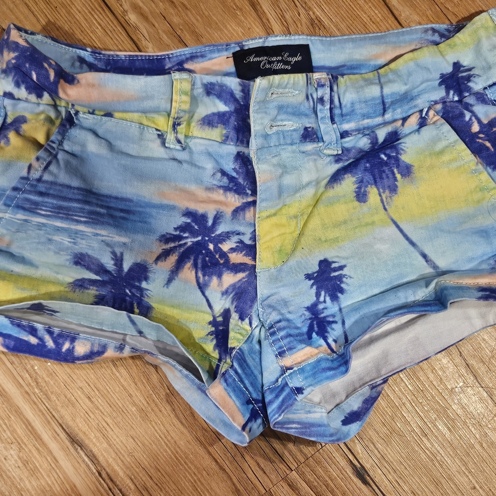 American Eagle Outfitters Blue and Yellow Jean Shorts Tropical Print